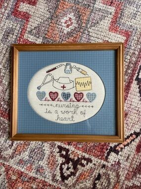Framed Embroidered Nursing Artwork - Blue Background